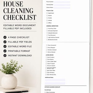 May include: A residential house cleaning checklist document featuring sections for client information, property type, and general inspection tasks. The text includes headings for living room and kitchen cleaning, with checkboxes for tasks like dusting and vacuuming.