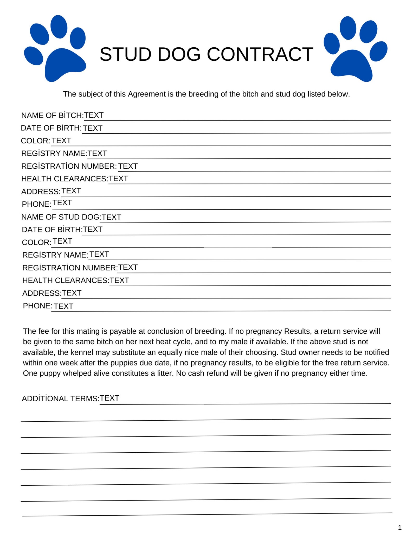 Stud Dog Owner Breeding Contract, Editable Canva Template, Instant ...