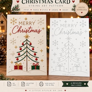 Könnte beinhalten: Ein digitales Fadenkunst-Muster für Weihnachtskarten mit einer fertigen Karte, die einen Baum, rote Kugeln und Geschenke zeigt, sowie einer schwarz-weißen Vorlage. Der Text lautet Merry Christmas, Print, Pierce, Stitch, Create, Enjoy.
