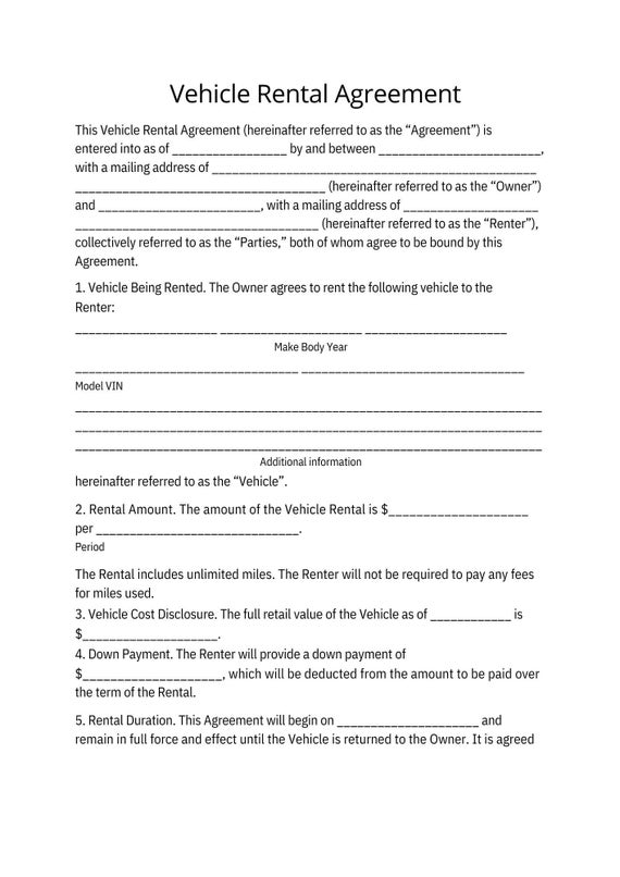 Car Rental Agreement / Vehicle Rental Agreement / Car Rentals Etsy