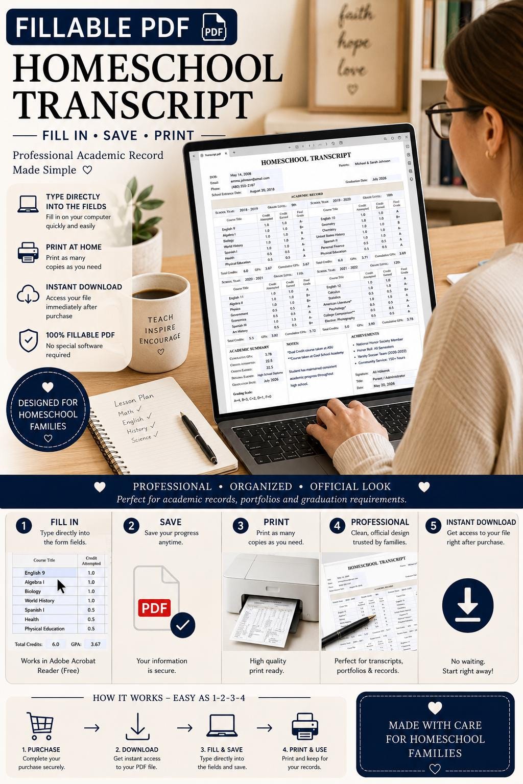 Fillable Homeschool Transcript PDF | High School Academic Record ...