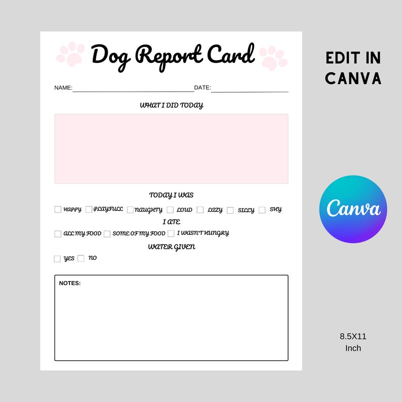 Printable Dog Report Card Canva Template Personalizable Etsy