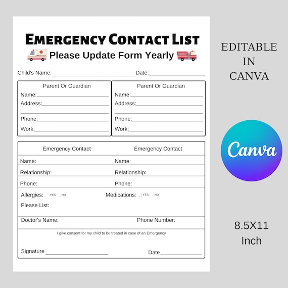 DIY Emergency Contact Form Daycare Forms Preschool Forms Etsy