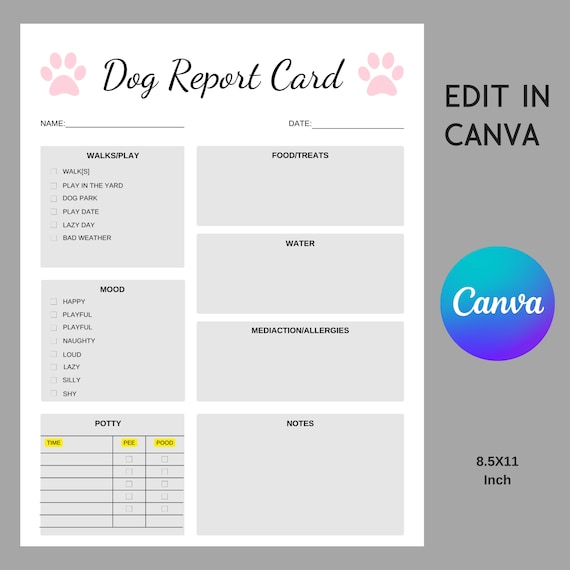 EDITBALE Dog Report Card Canva Templatedog Sitter Checklist - Etsy