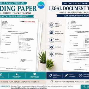 Puede incluir: Se muestran dos plantillas para documentos legales. Una es una plantilla de Canva para escritos de demanda, y la otra es una plantilla de Microsoft Word. Ambas plantillas están diseñadas para abogados y paralegales. Las plantillas son fáciles de editar y personalizar.
