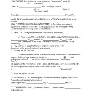 Puede incluir: Un documento legal titulado "Contrato de arrendamiento residencial" con casillas de verificaci&oacute;n para diferentes tipos de arrendamientos, incluyendo arrendamiento fijo y arrendamiento mensual. El documento incluye secciones para la informaci&oacute;n del arrendador y del arrendatario, detalles de ocupaci&oacute;n e informaci&oacute;n sobre la propiedad.