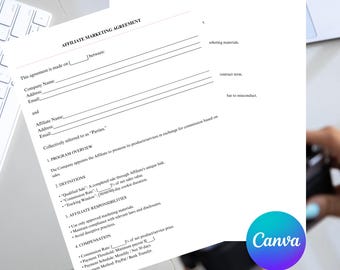 Affiliate Marketing Agreement Template, Editable Canva,  Fillable PDF, Commission Contract