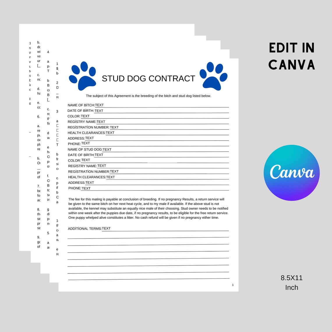 Stud Dog Owner Breeding Contract, Editable Canva Template, Instant ...
