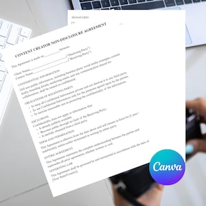 May include: A Content Creator Non-Disclosure Agreement, printed on white paper, with text in black. The document includes sections on confidential information, obligations, and exclusions. A Canva logo is visible in the bottom right corner.