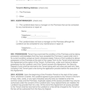 Puede incluir: Un documento legal que describe las responsabilidades de un arrendador y un inquilino, incluyendo avisos, informaci&oacute;n sobre el agente/administrador, posesi&oacute;n y acceso a la propiedad.
