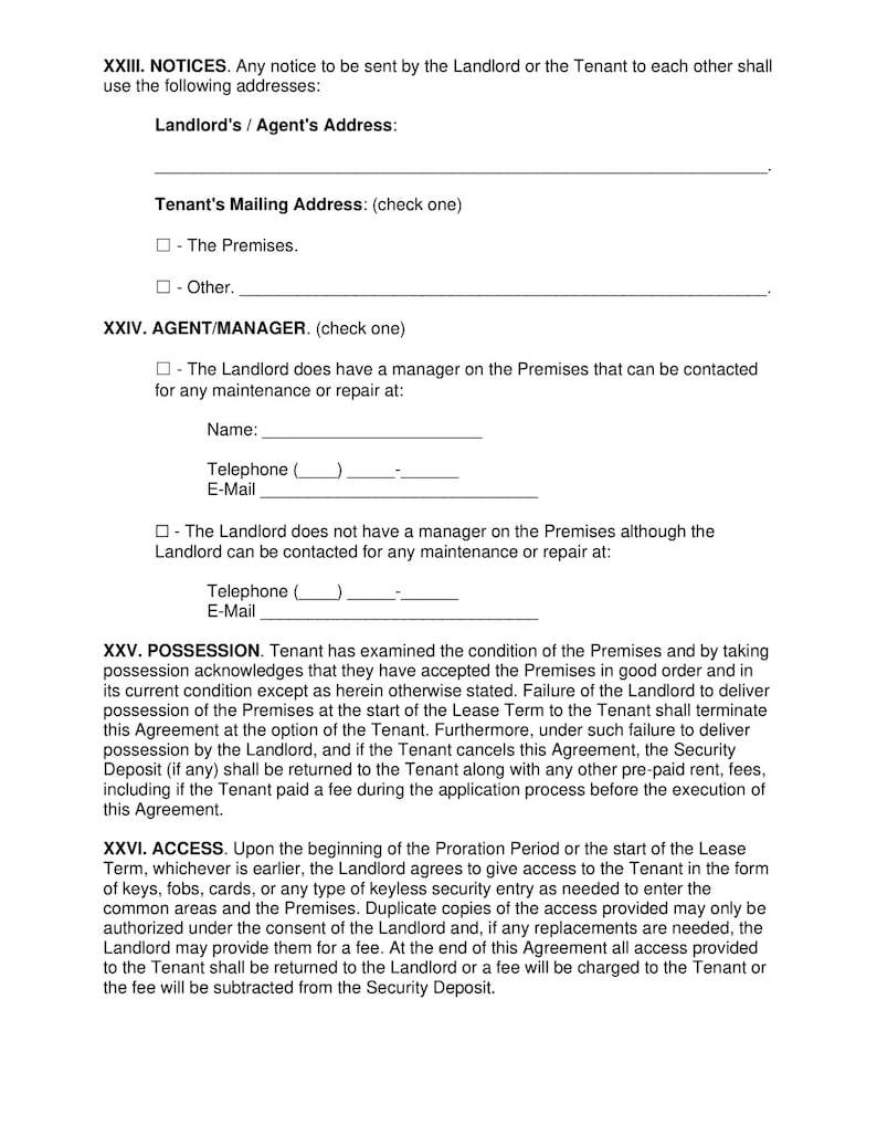 Puede incluir: Un documento legal que describe las responsabilidades de un arrendador y un inquilino, incluyendo avisos, informaci&oacute;n sobre el agente/administrador, posesi&oacute;n y acceso a la propiedad.