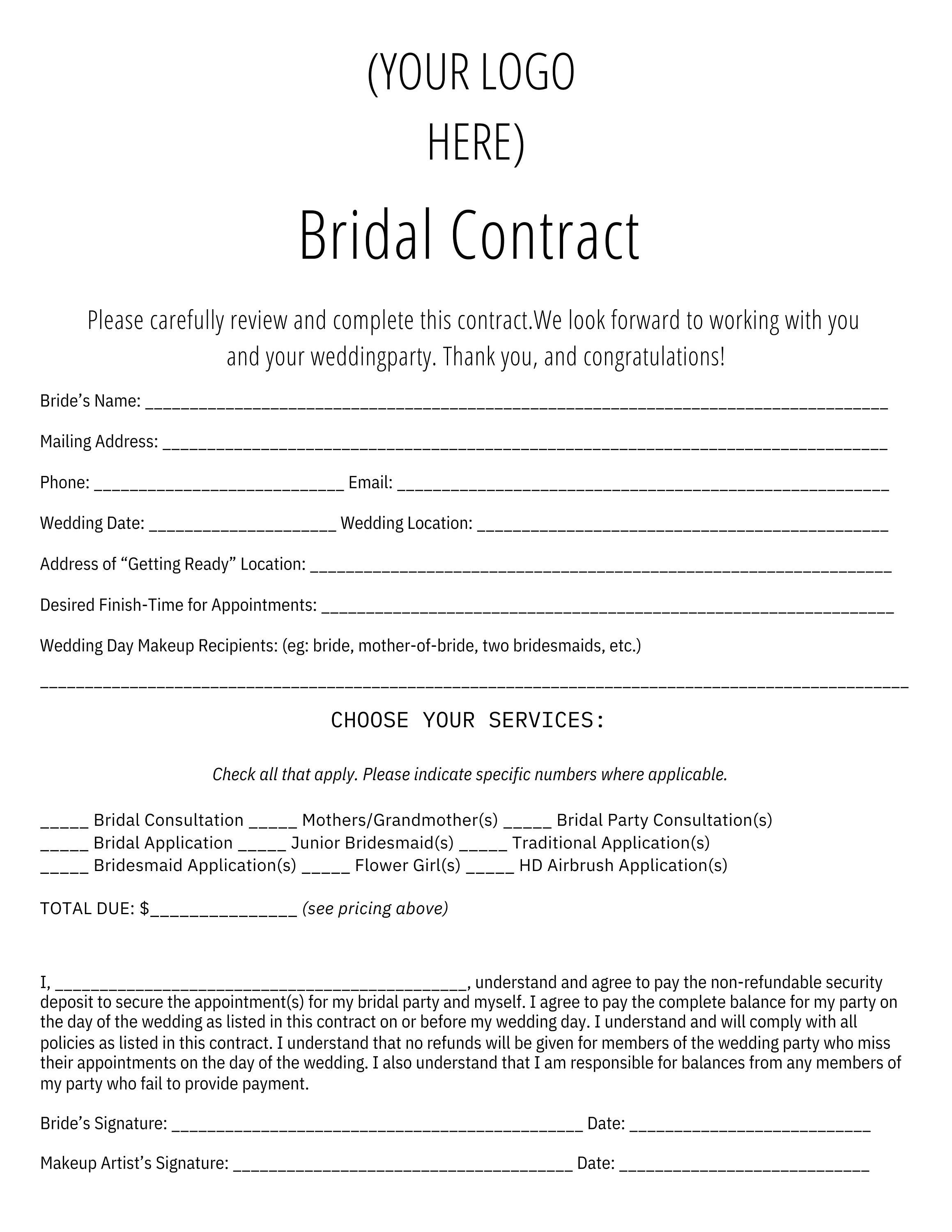 Editable Bridal Makeup Contract Template Canva Word Etsy