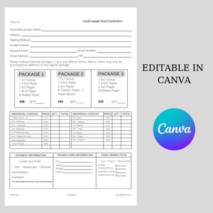 May include: A printable order form for sports photography packages. The form includes options for different package sizes, individual choices, and payment information. The form is editable in Canva.