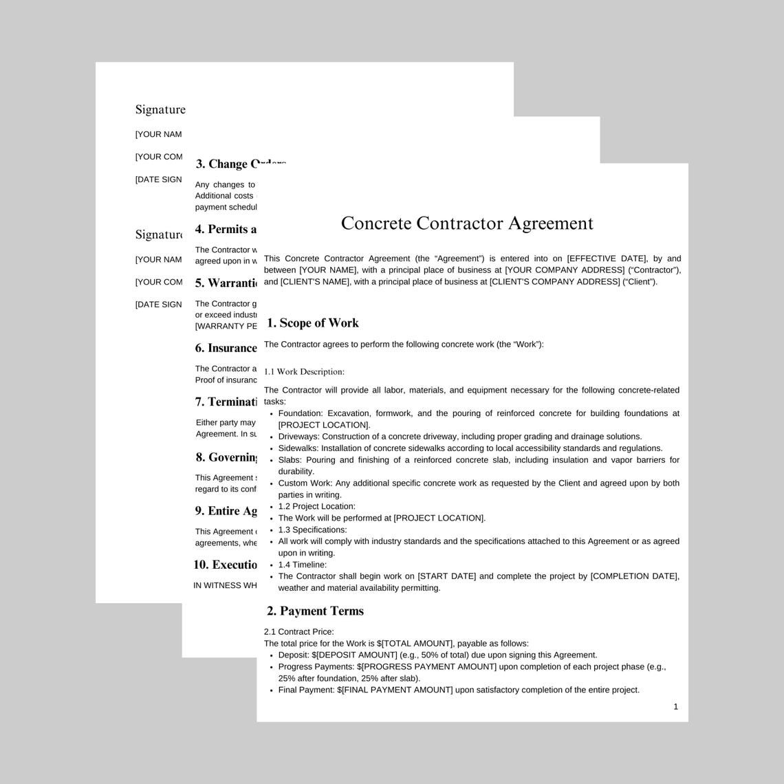 Concrete Contractor Agreement Template, Customizable Business Forms