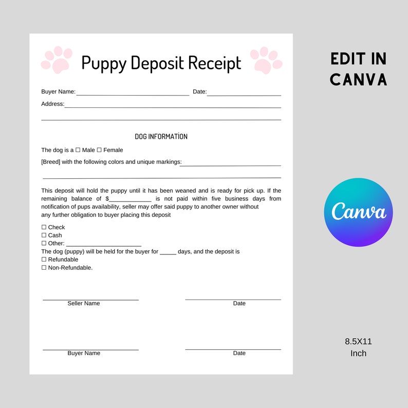 Puppy Deposit Receipt, Fillable Puppy Deposit Slip Canva Template, Editable Puppy Deposit Form