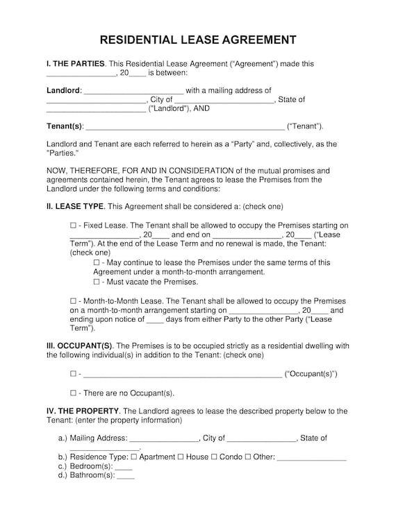 Rental Agreement Printable PDF Lease Contract Landlord Etsy