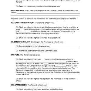 Puede incluir: Un documento legal que describe los t&eacute;rminos de un contrato de arrendamiento. El documento incluye secciones sobre la terminaci&oacute;n anticipada, la pol&iacute;tica de fumar, las mascotas y las camas de agua. El documento est&aacute; formateado con casillas de verificaci&oacute;n para que el inquilino seleccione sus preferencias.