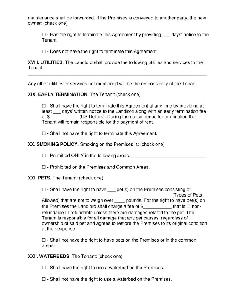Puede incluir: Un documento legal que describe los t&eacute;rminos de un contrato de arrendamiento. El documento incluye secciones sobre la terminaci&oacute;n anticipada, la pol&iacute;tica de fumar, las mascotas y las camas de agua. El documento est&aacute; formateado con casillas de verificaci&oacute;n para que el inquilino seleccione sus preferencias.