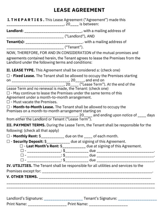 rental agreement printable pdf editable lease contract etsy