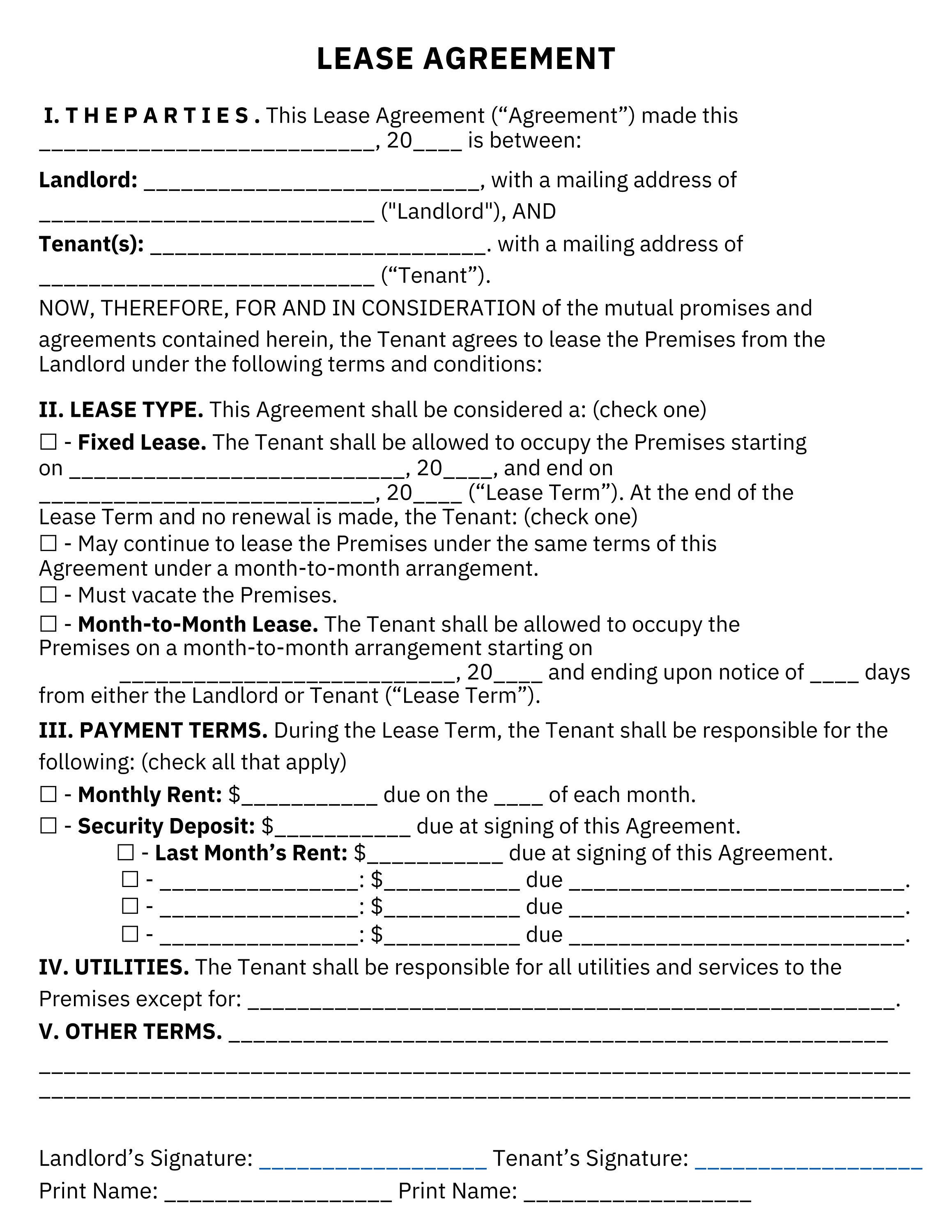 Rental Agreement Printable , PDF Editable Lease Contract Template Rental Agreement Printable , PDF Editable Lease Contract Template