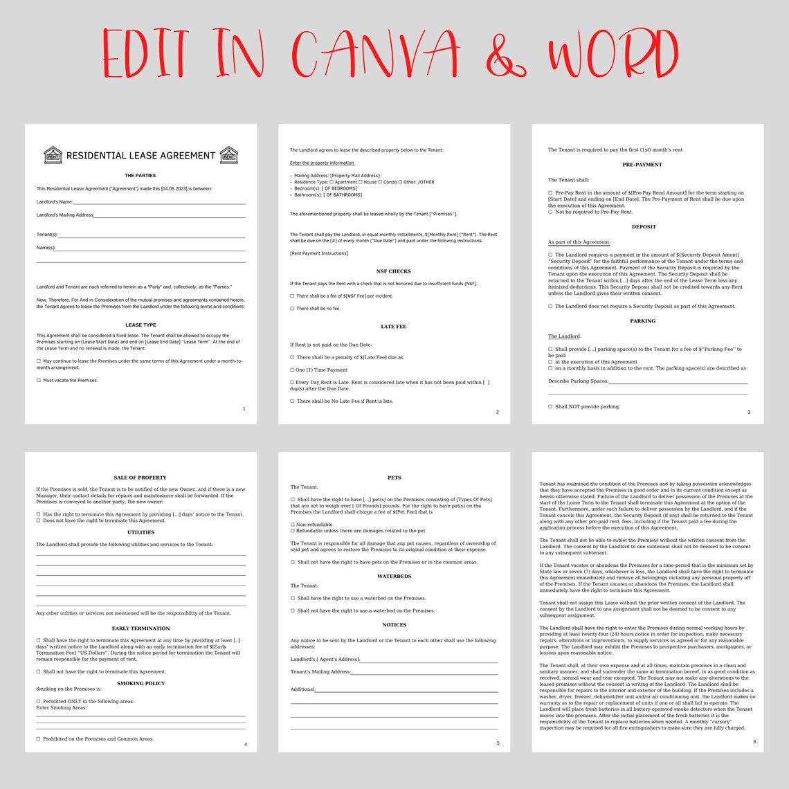 General Residential Lease Agreement (12 Pages), Canva Template, Word ...