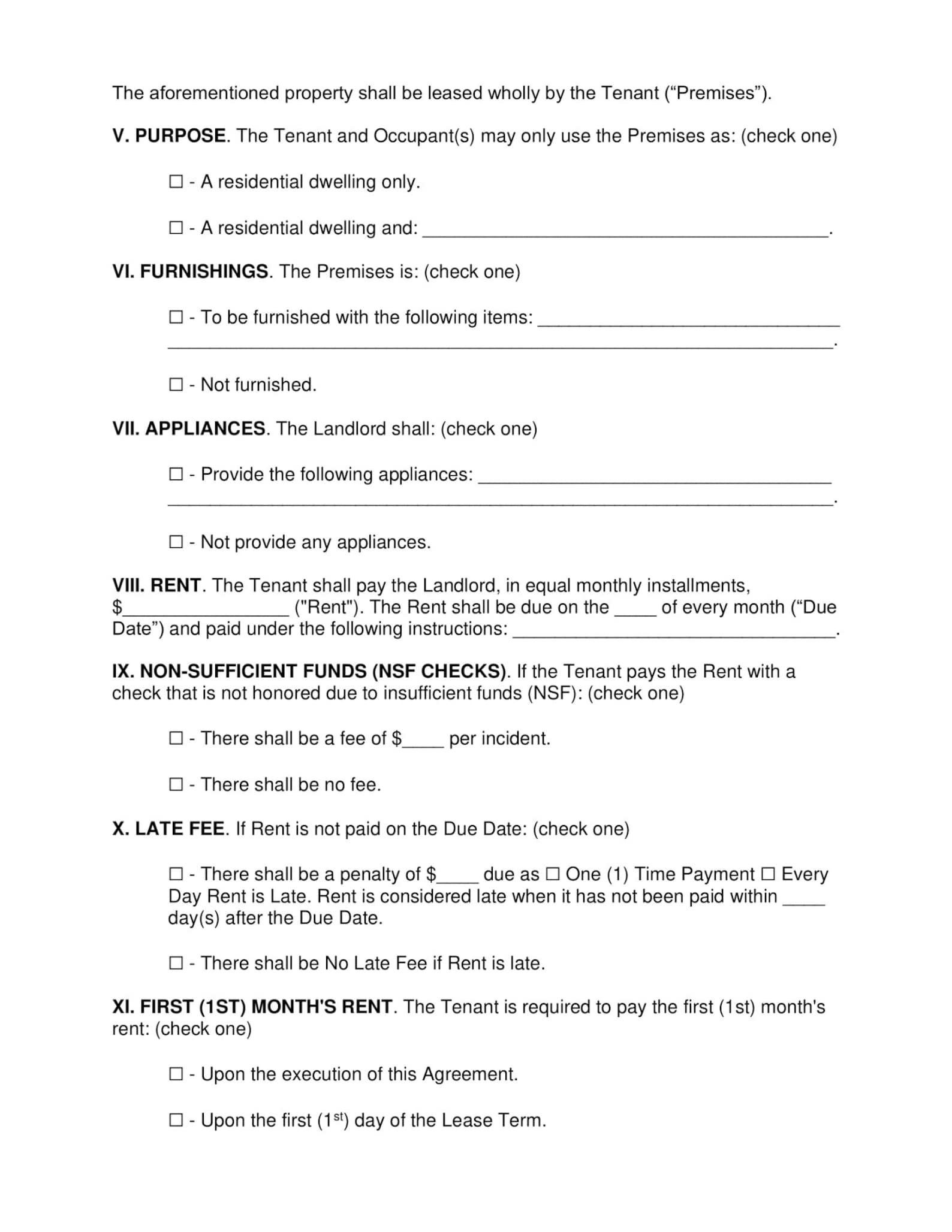 Rental Agreement Printable , PDF Lease Contract , Landlord Forms