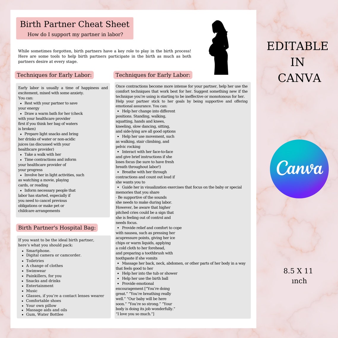 DIY Birth Partner Cheat Sheet Handout for Doulas, Personalized, Canva ...