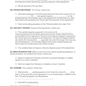 Puede incluir: Un documento legal que describe los t&eacute;rminos de un contrato de arrendamiento. El documento incluye secciones sobre el pago anticipado, el per&iacute;odo de prorrateo, el dep&oacute;sito de seguridad, la inspecci&oacute;n de entrada, el estacionamiento y la venta de la propiedad.