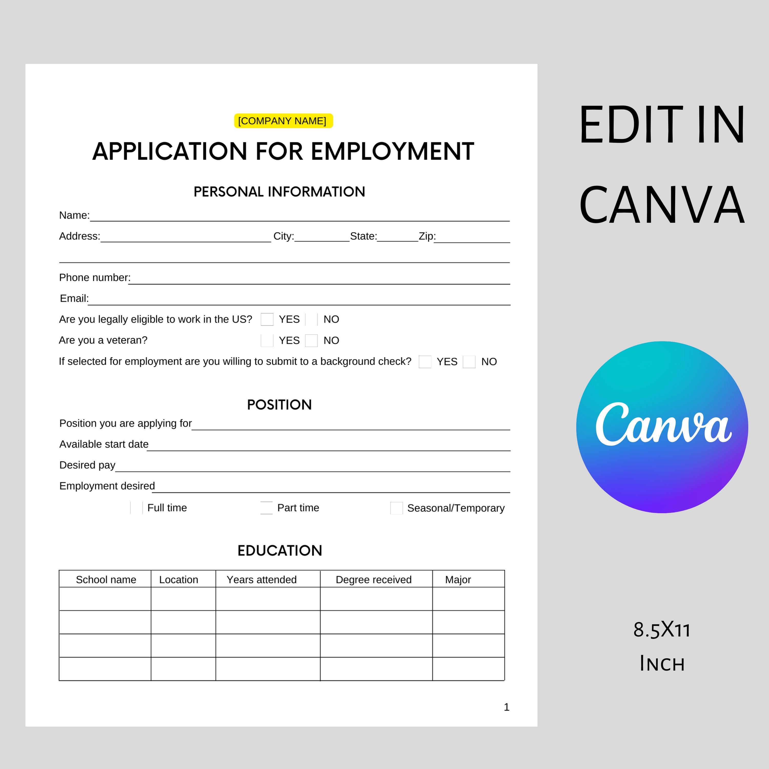 Job Employment Application Canva Template Editable, Printable Etsy