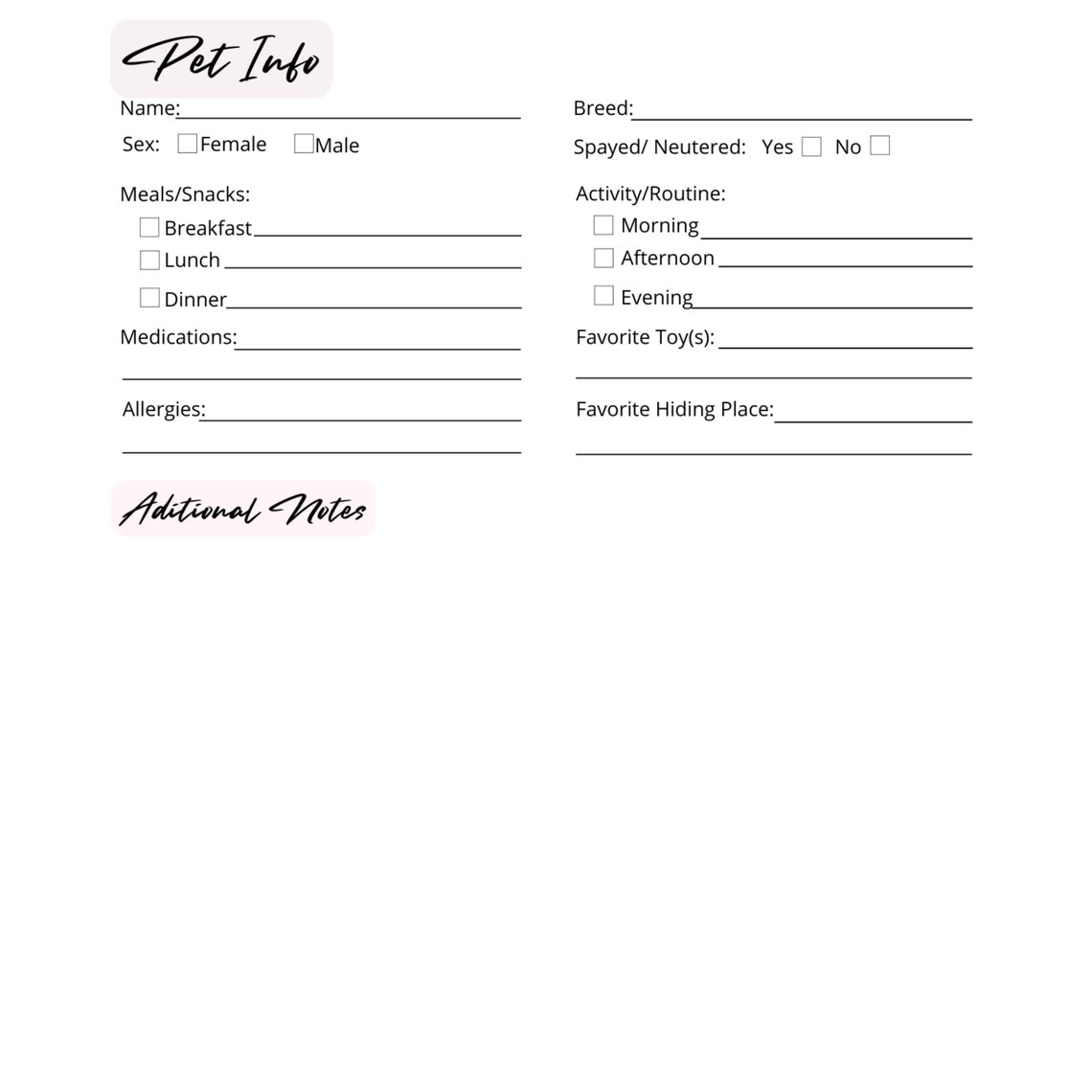 Pet Sitter Notes Printable Canva Template Owner Info Etsy