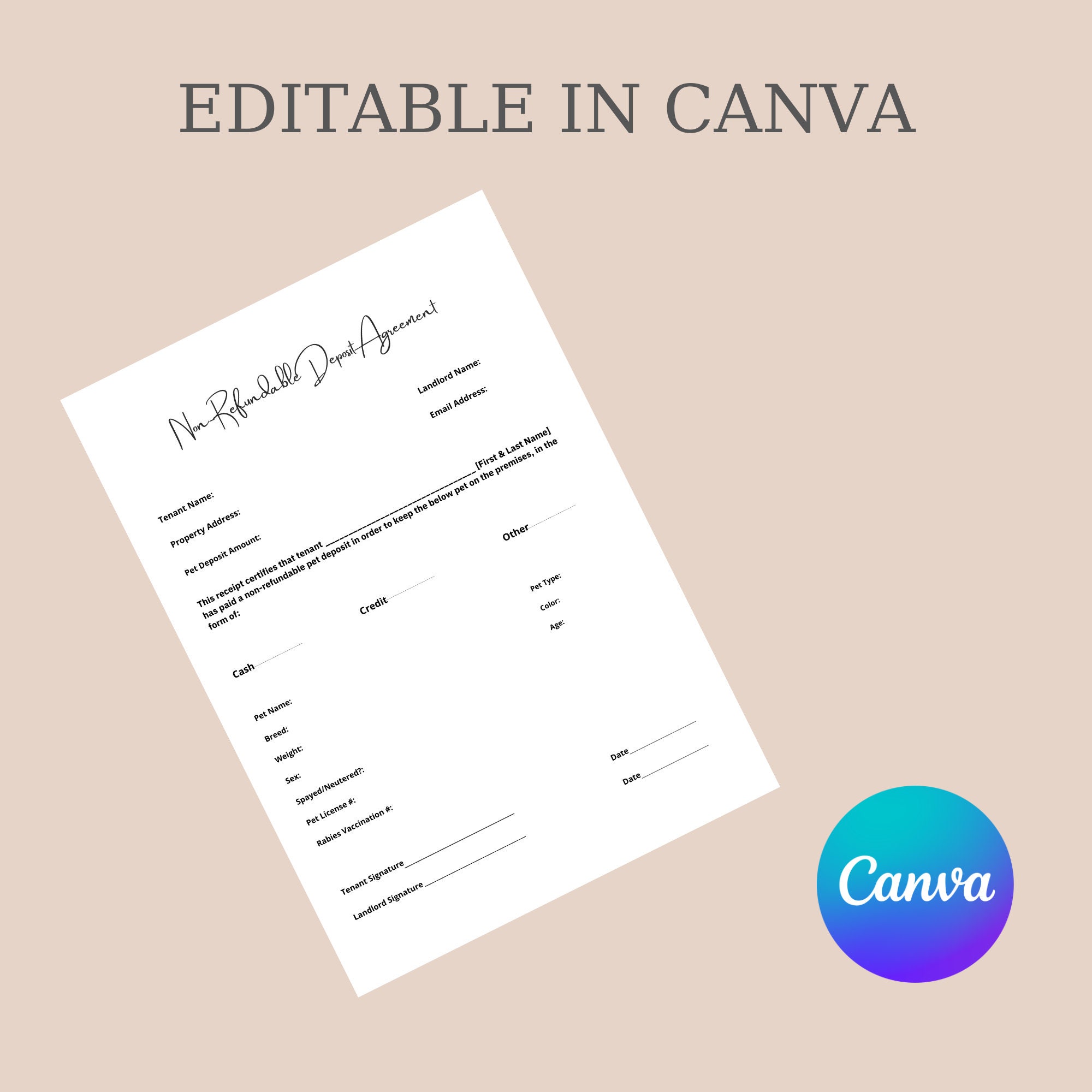 Nonrefundable Pet Deposit for Breeders, Canva Editable, Personalized