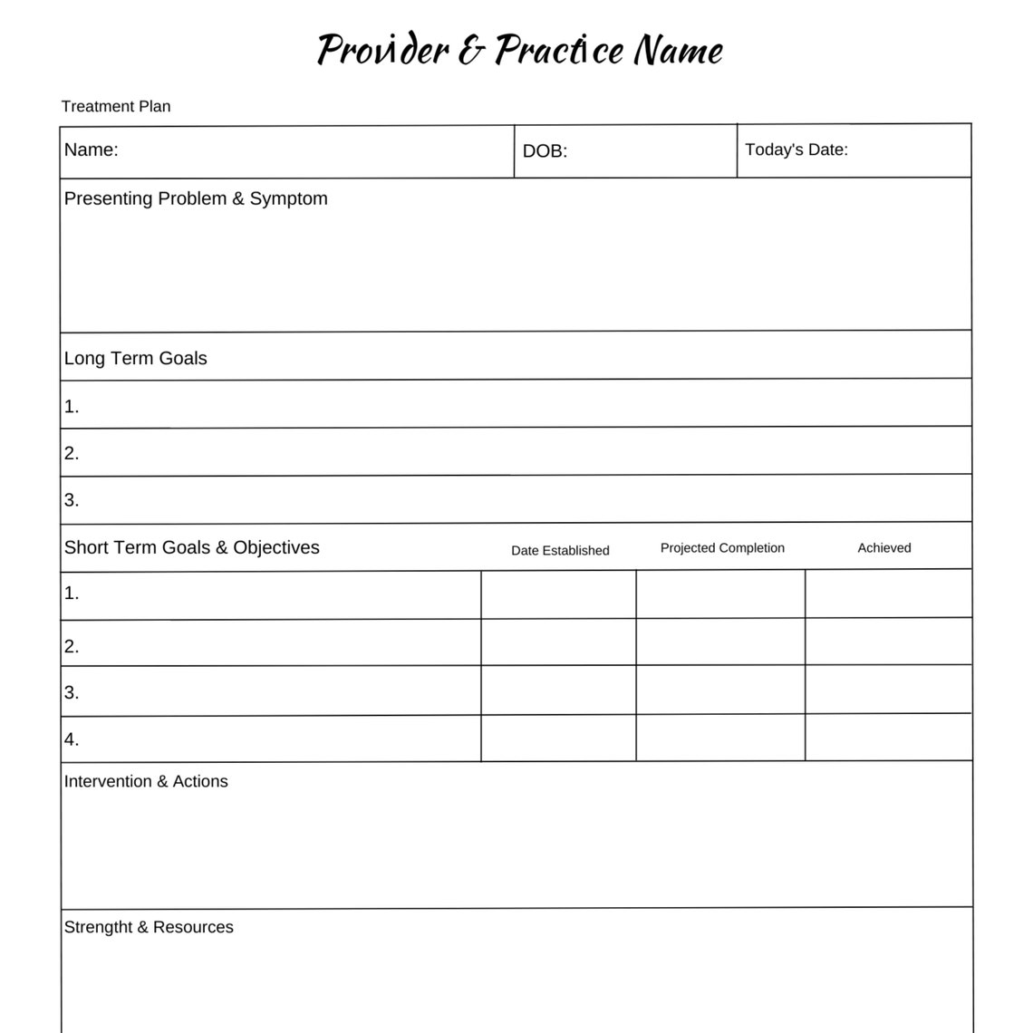 Fillable Treatment Plan Template for Therapists (canva, 8.5x11 ...