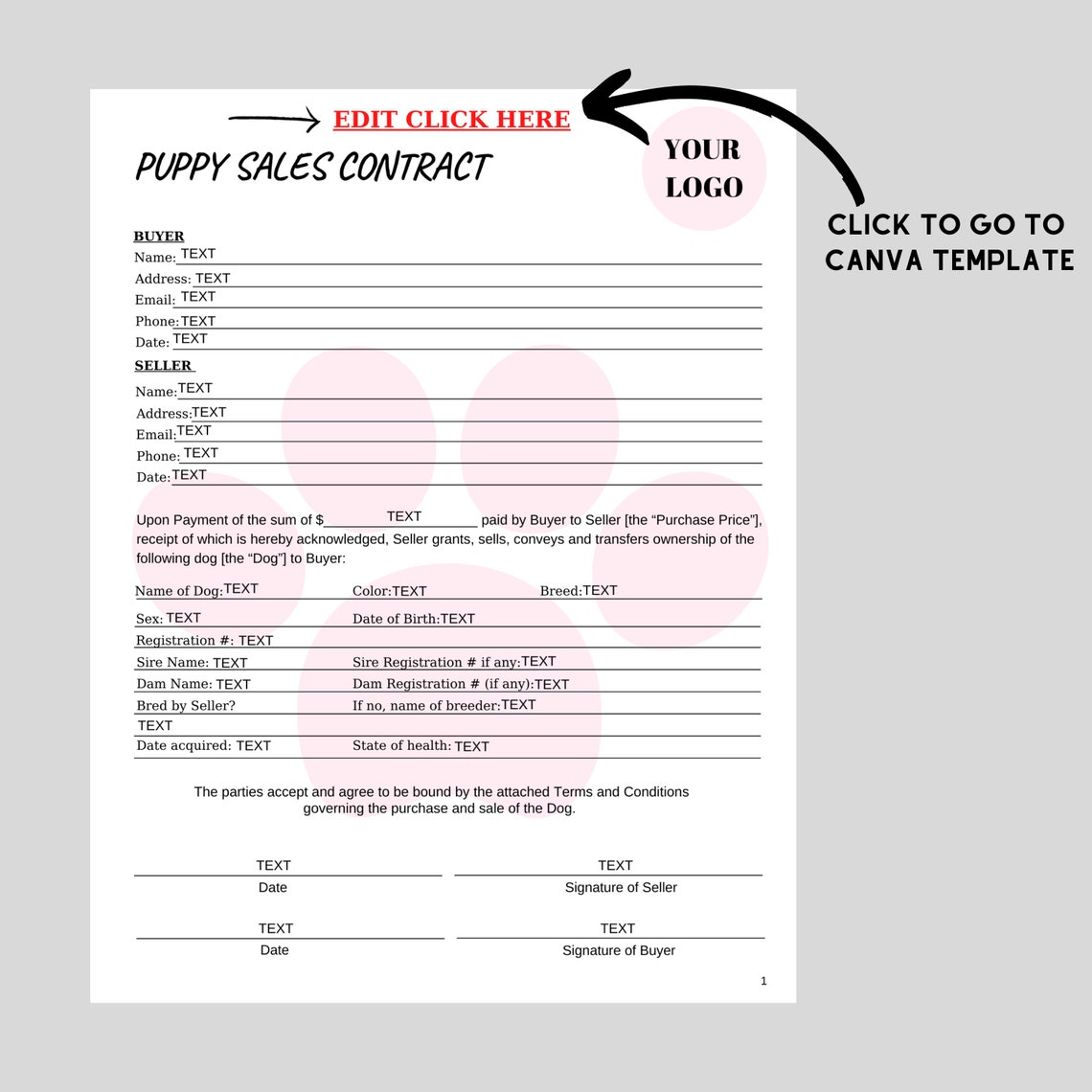 EDITABLE Puppy Sales Contract, Personalizable Puppy CANVA Template EDITABLE Puppy Sales Contract, Personalizable Puppy CANVA Template