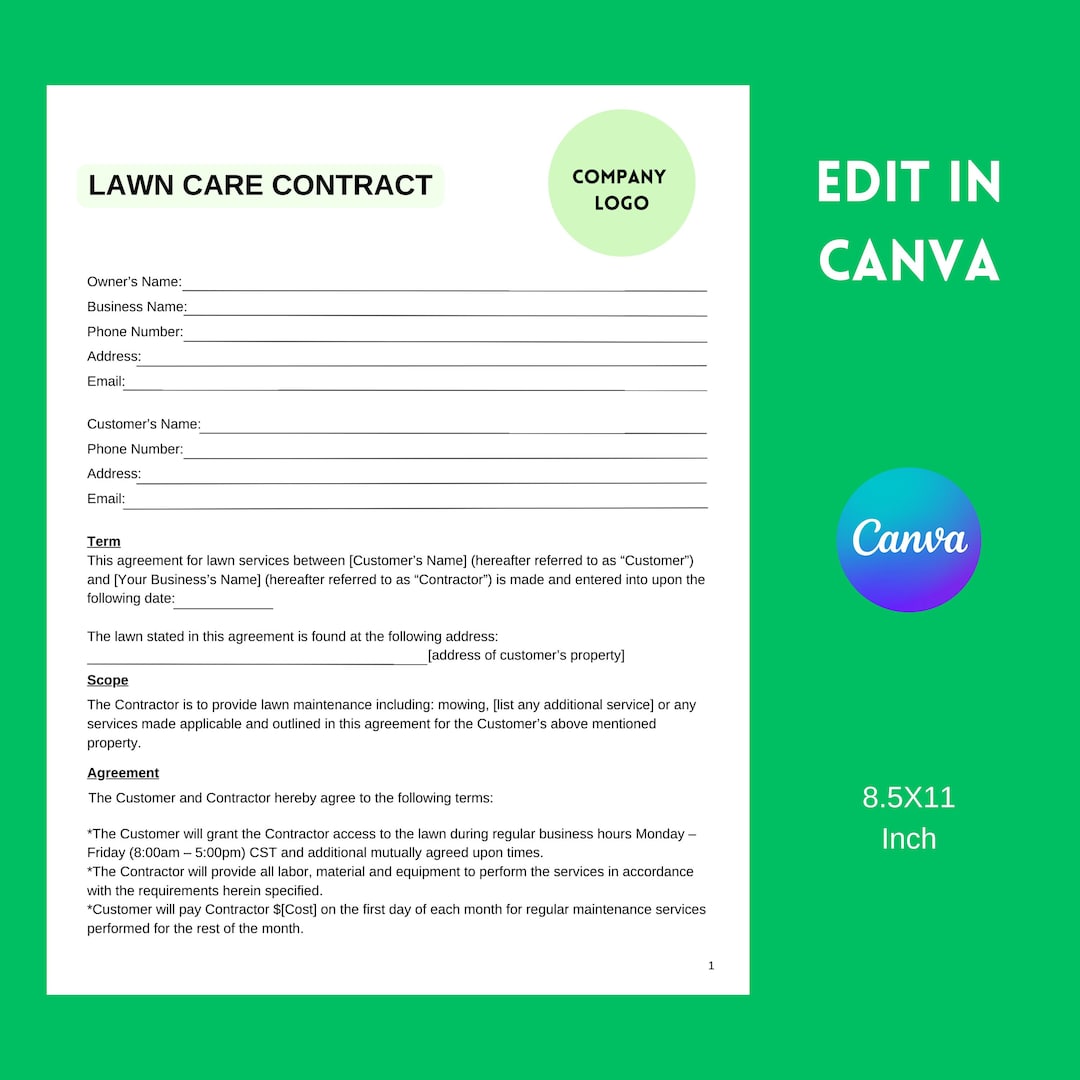 Lawn Care Agreement, Edıtable Service Contract, Landscaping Contract ...
