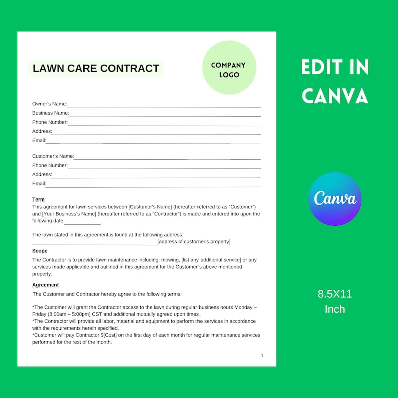 Lawn Care Agreement, Edıtable Service Contract, Landscaping Contract ...