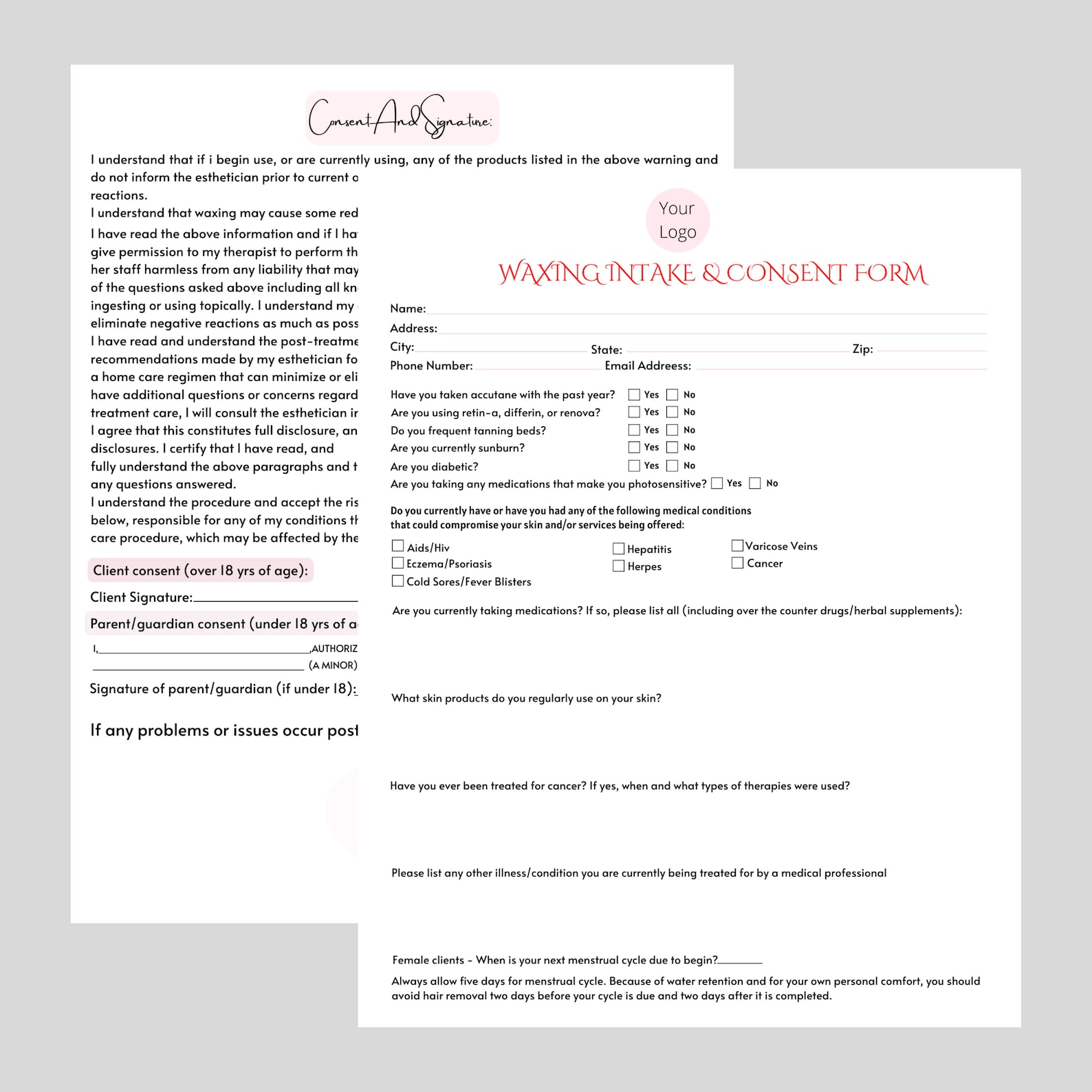 EDITABLE Waxing Intake Formclient Consent Forms Esthetician - Etsy
