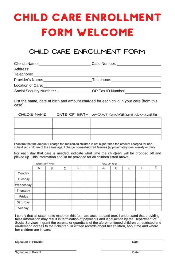 DIY Child Care Enrollment Form, Editable, Canva Template, Personalized,Day care ,Group Family Day Care, Family Day Care, Day Camp
