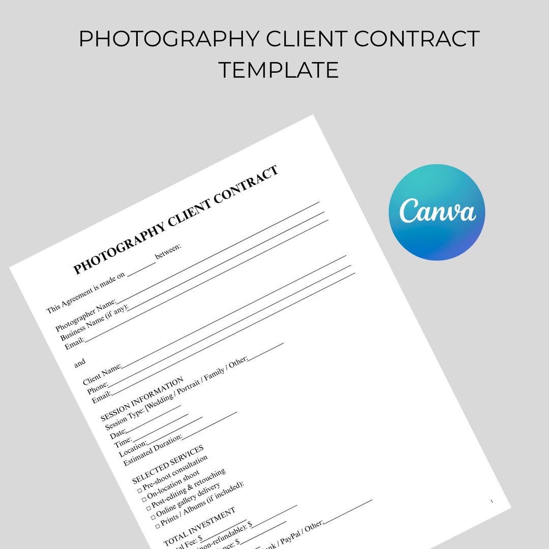 Photography Contract Template, Client Agreement Canva Editable, Wedding ...