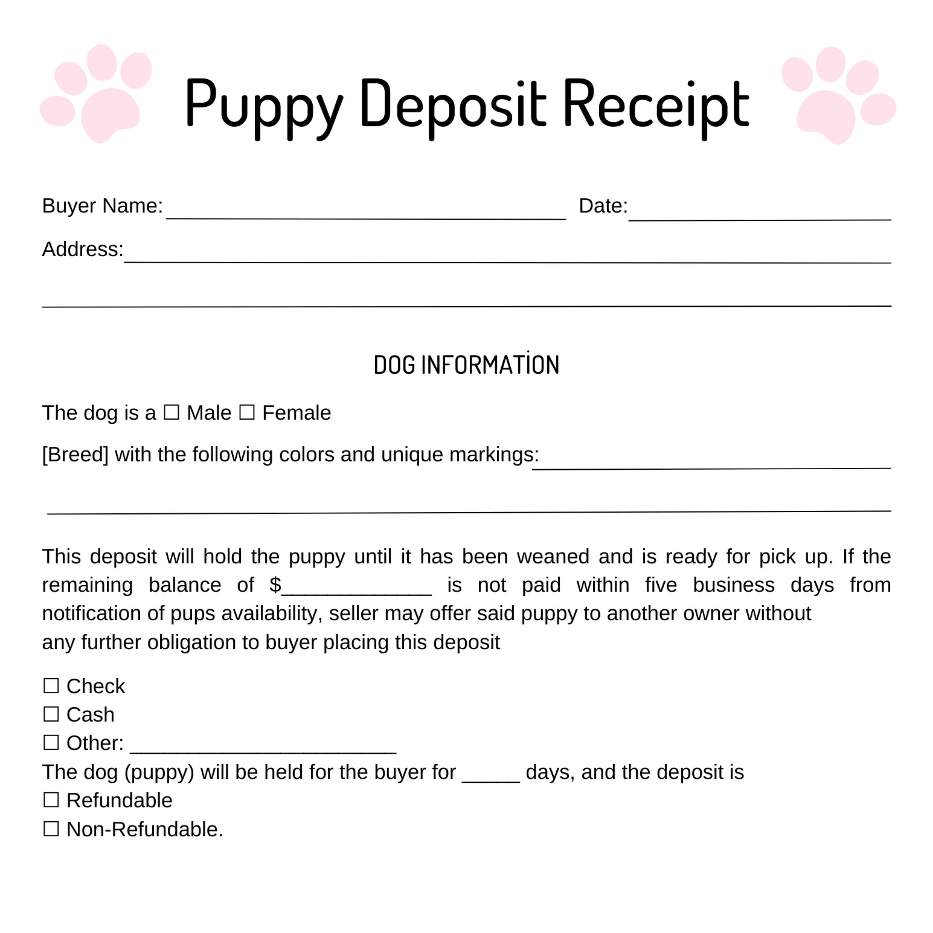 Puppy Deposit Receipt Fillable Puppy Deposit Slip Canva Template