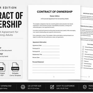 May include: A digital document template titled Contract of Ownership, A Structured Agreement for Consenting Adults. The black and white layout includes sections for agreement information, personal statements, and core values, formatted for 8.5 x 11 inches.