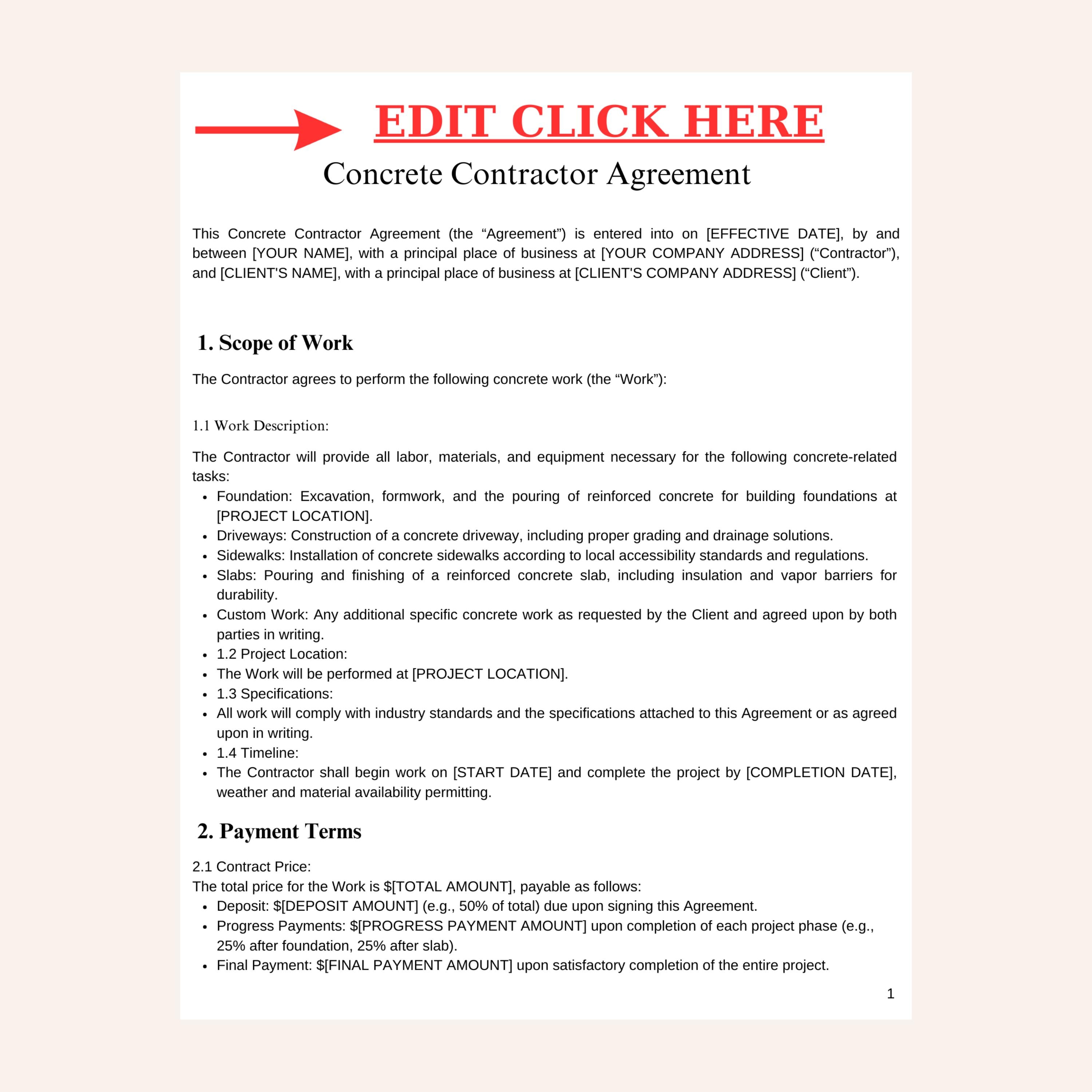 Concrete Contractor Agreement Template Customizable Business Forms