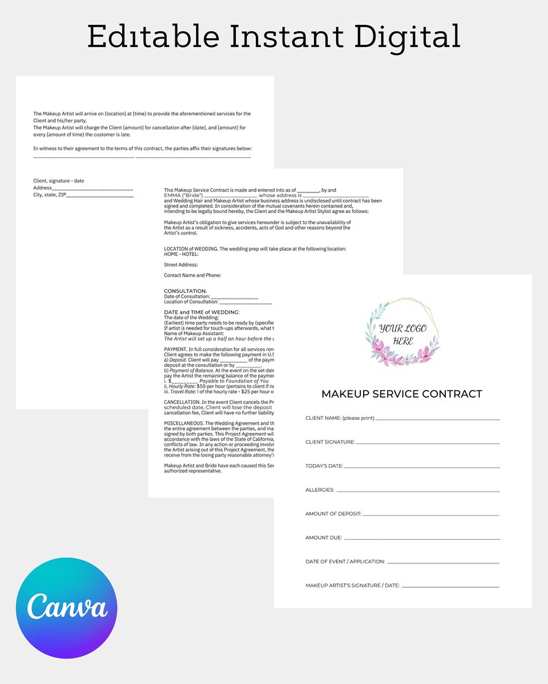 Freelance Makeup Artist Contract Template Canva Legal Contract - Etsy