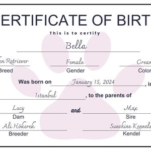 Certificado de nacimiento de cachorro, descarga digital instantánea, criador de perros, plantilla de Canva editable y PDF en blanco, registro de parto, documento del criador
