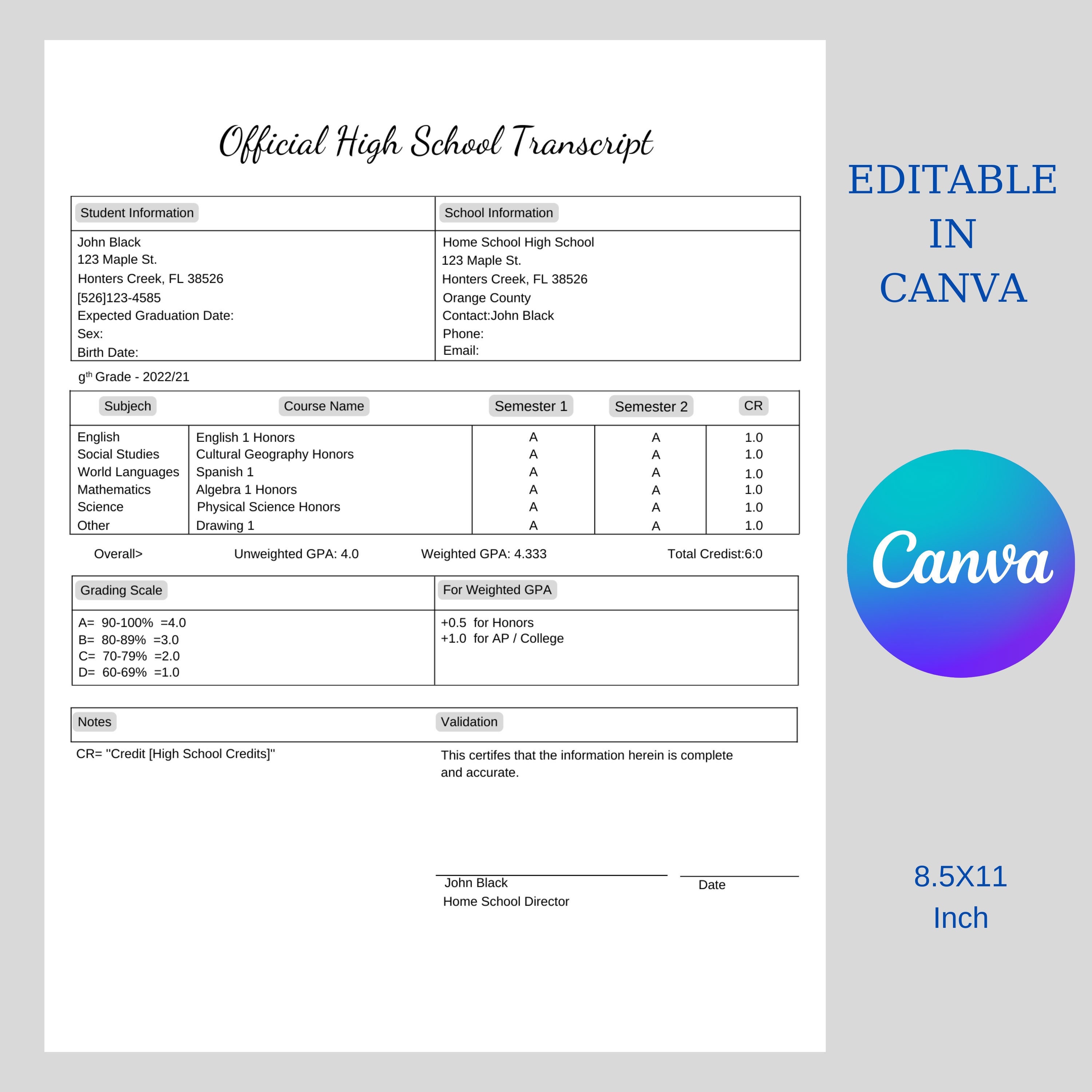 Simple 1 Year Homeschool Transcript Canva Template - Etsy