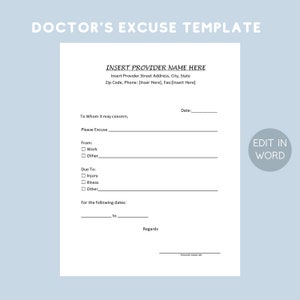 Printable Doctors Excuse Template, EDITABLE Medical Office Forms, Work ...