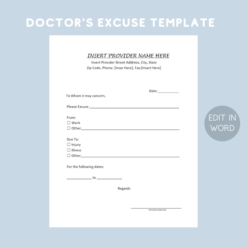 Printable Doctors Excuse Template, EDITABLE Medical Office Forms, Work ...