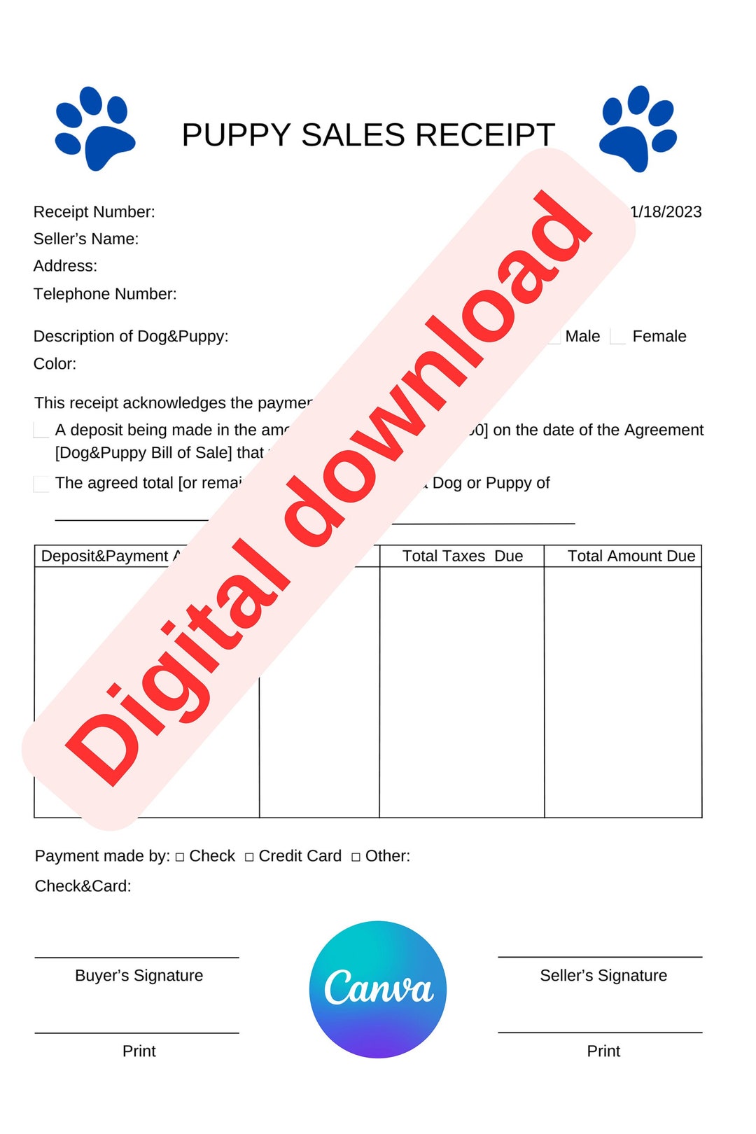 Puppy Purchasing Sales Receipt Canva Template Etsy