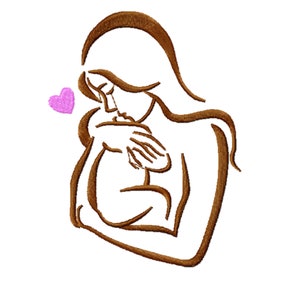 Puede incluir: Un dibujo de línea marrón de una madre sosteniendo un bebé en sus brazos. Un corazón rosa está en la esquina superior izquierda de la imagen.