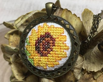 Hand Embroidered Pendant Sunflower Necklace Floral Jewelery Luxurious cross stitch embroidery