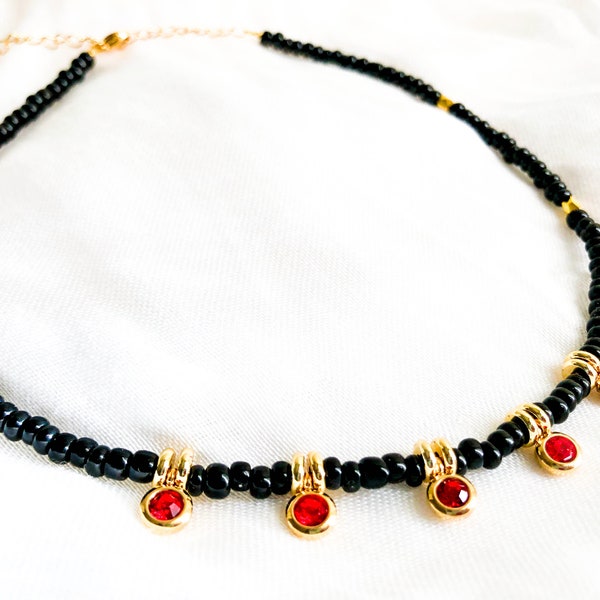 MAKEMYDAY Lupus Jewelry Red Women Black Fire Red Rhinestone Charms Stainless Steel Brass Gold Bead Choker Necklace Adjustable Layering